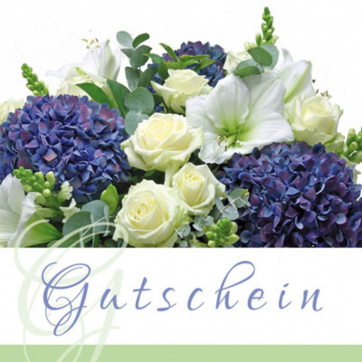 Gutschein Merci - Blau mit weissen Blumen