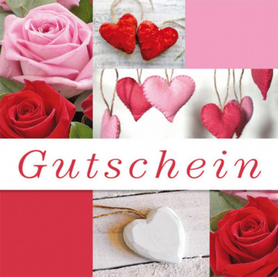 Gutschein Merci - Rosa mit rote Herzen und Rosen